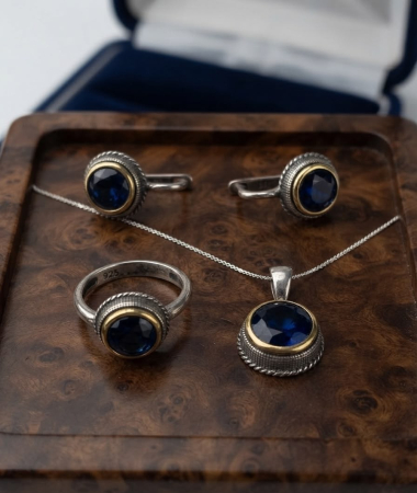 Set argint 925 - Set Vintage din Argint 925 Brunat cu Inel, Colier și Cercei, Medalioane Rotunde cu Zirconii Albastru Safir și Margini Aurii, 18mm, 16.40g