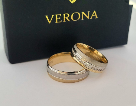 Verighete aur 14k - Verighete Bicolore din Aur 14K cu Bandă Centrală din Aur Alb și Pavaj Circular