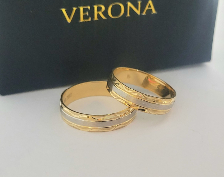 Verighete aur 14k - Verighete Bicolore din Aur 14K cu Bandă Centrală Mată și Margini Gravate Verona