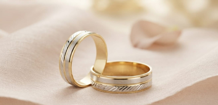 bijuterii aur - Verighete Bicolore din Aur 14K – Design Clasic cu Textură Diamantată și Finisaj Satinat