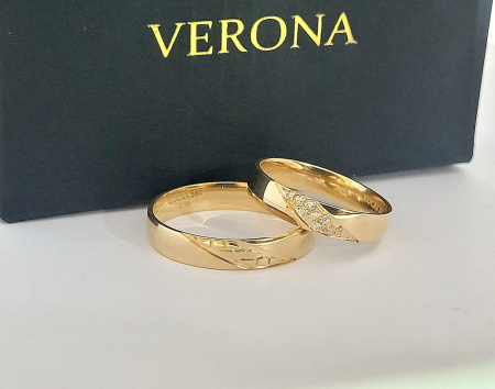 Verighete aur 14k - Verighete din Aur Galben 14K cu Model Val Asimetric și Inserții Premium Verona