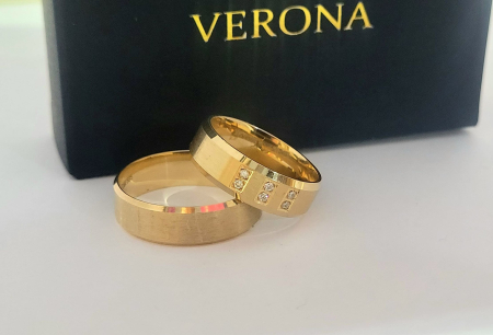 Verighete aur 14k - Verighete din Aur Galben 14K cu Profil Plat, Finisaj Mat și Pavaj Vertical
