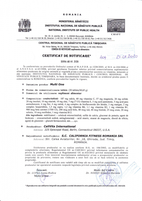Multi One, CaliVita, 30 tablete, complex de vitamine si minerale [2]