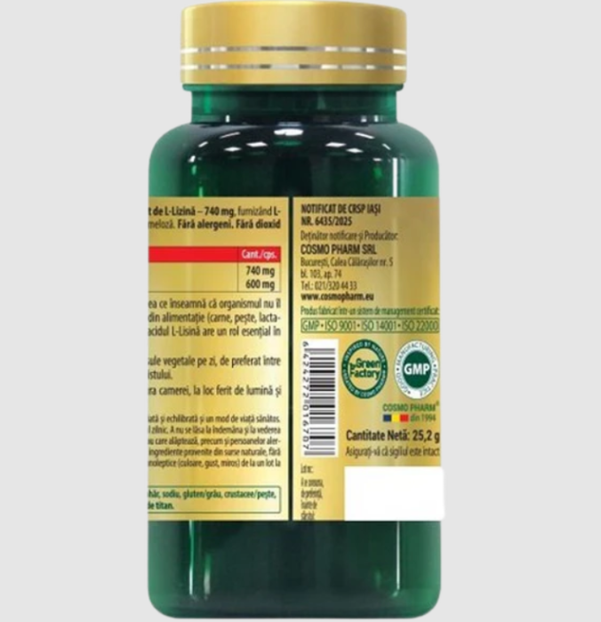 L-LYSINE 600 mg - Aminoacid Esențial pentru Imunitate, Refacere și Colagen, 30/60 capsule vegetale 30 capsule [3]