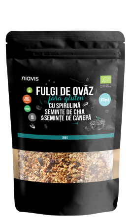 Fulgi, Muesli - Fulgi de Ovaz Fini Fara Gluten cu Spirulina, Chia si Seminte de Canepa Ecologici/Bio 200g