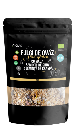 Fulgi, Muesli - Fulgi de Ovaz Fini Fara Gluten cu Maca, Chia si Seminte de Canepa Ecologici/Bio 200g