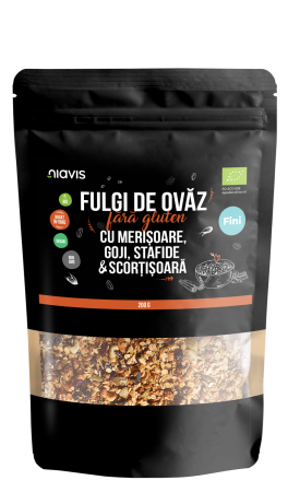 Fulgi, Muesli - Fulgi de Ovaz Fini Fara Gluten cu Merisoare, Goji, Stafide si Scortisoara Ecologici/Bio 200g