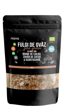 Fulgi, Muesli - Fulgi de Ovaz Fini Fara Gluten cu Miez din Boabe de Cacao, Zahar de Cocos si Scortisoara Ecologici/Bio 200g