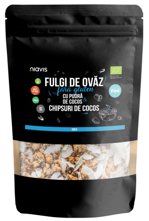 Fulgi, Muesli - Fulgi de Ovaz Fini Fara Gluten cu Pudra de Cocos si Chipsuri de Cocos Ecologici/Bio 200g