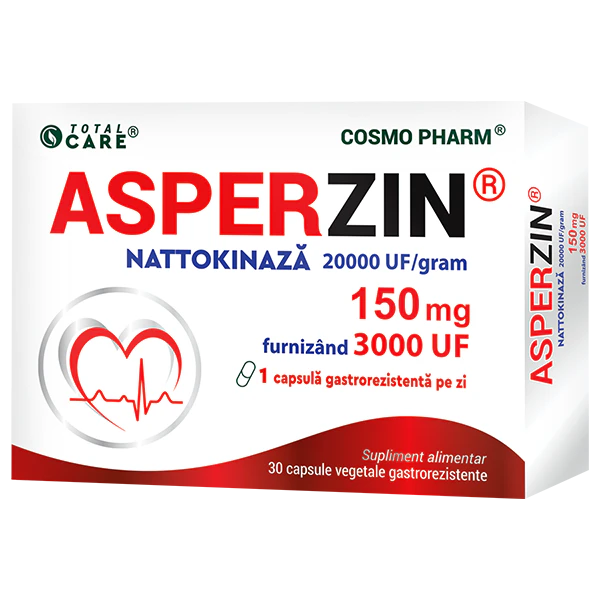 Minerale - ASPERZIN - Nattokinaza 20000 UF/gram furnizand 3000 UF per capsula - 150 mg