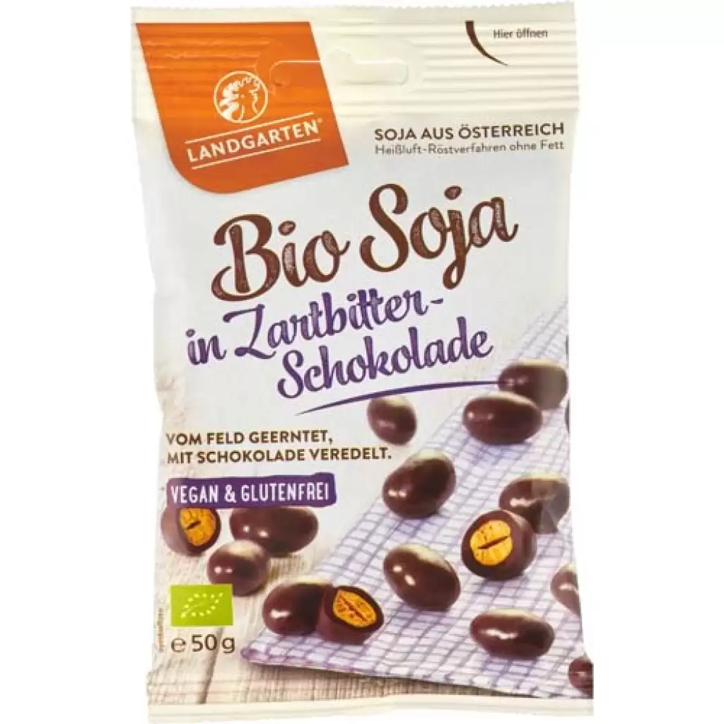 Dulciuri - Boabe de soia invelite in ciocolata amaruie fara gluten, eco 50g