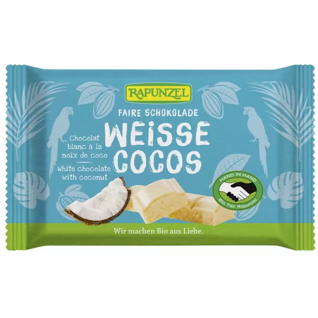 Ciocolata - Ciocolata alba cu bucatele de cocos, eco 100g