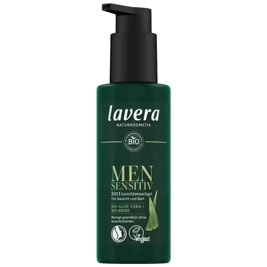 Cosmetice barbati - Gel sensitiv pentru barbati 2 in 1 pentru spalarea fetei si a barbii cu aloe vera bio si mesteacan bio 150ml