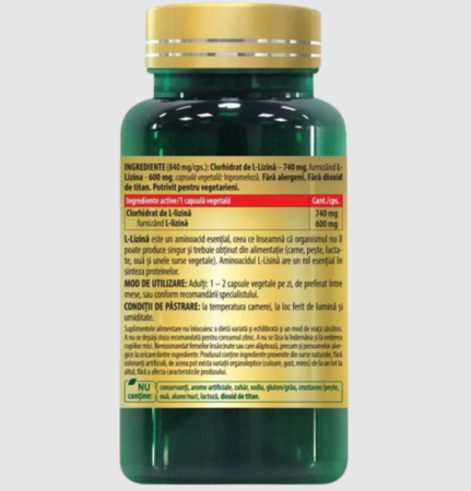 L-LYSINE 600 mg - Aminoacid Esențial pentru Imunitate, Refacere și Colagen, 30/60 capsule vegetale 30 capsule [1]