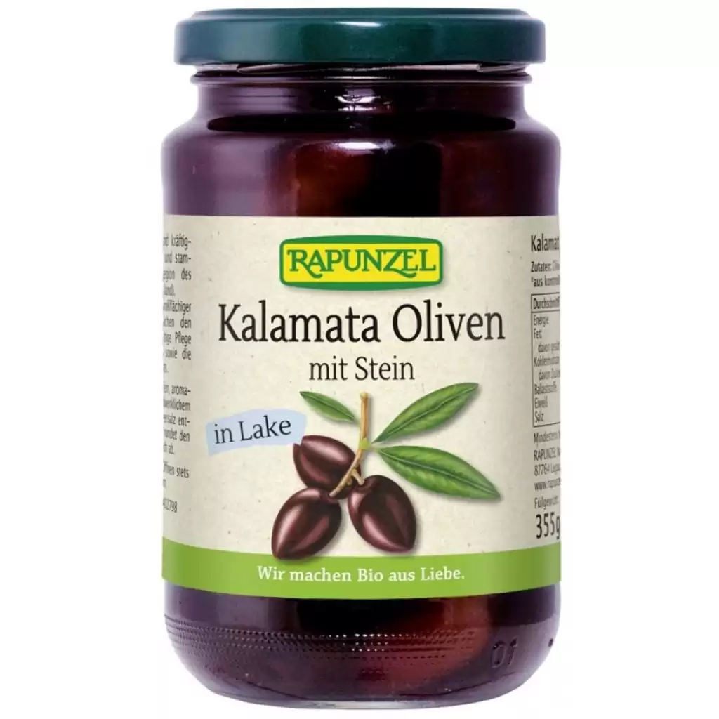 Leguminoase - Masline Kalamata violet cu samburi in saramura, eco 355g
