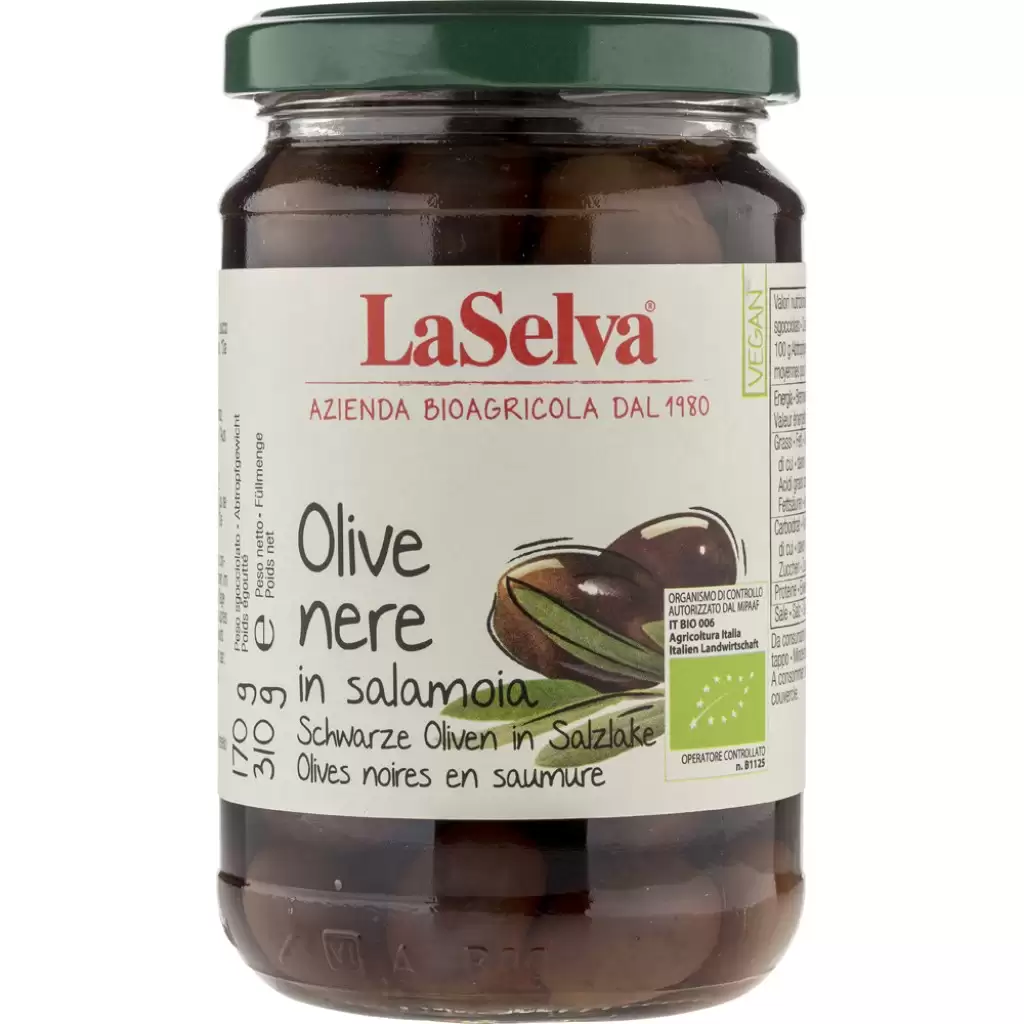 Leguminoase - Masline negre cu samburi in saramura, eco 310g