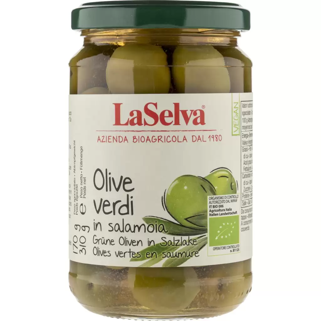 Leguminoase - Masline verzi cu samburi in saramura, eco 310g