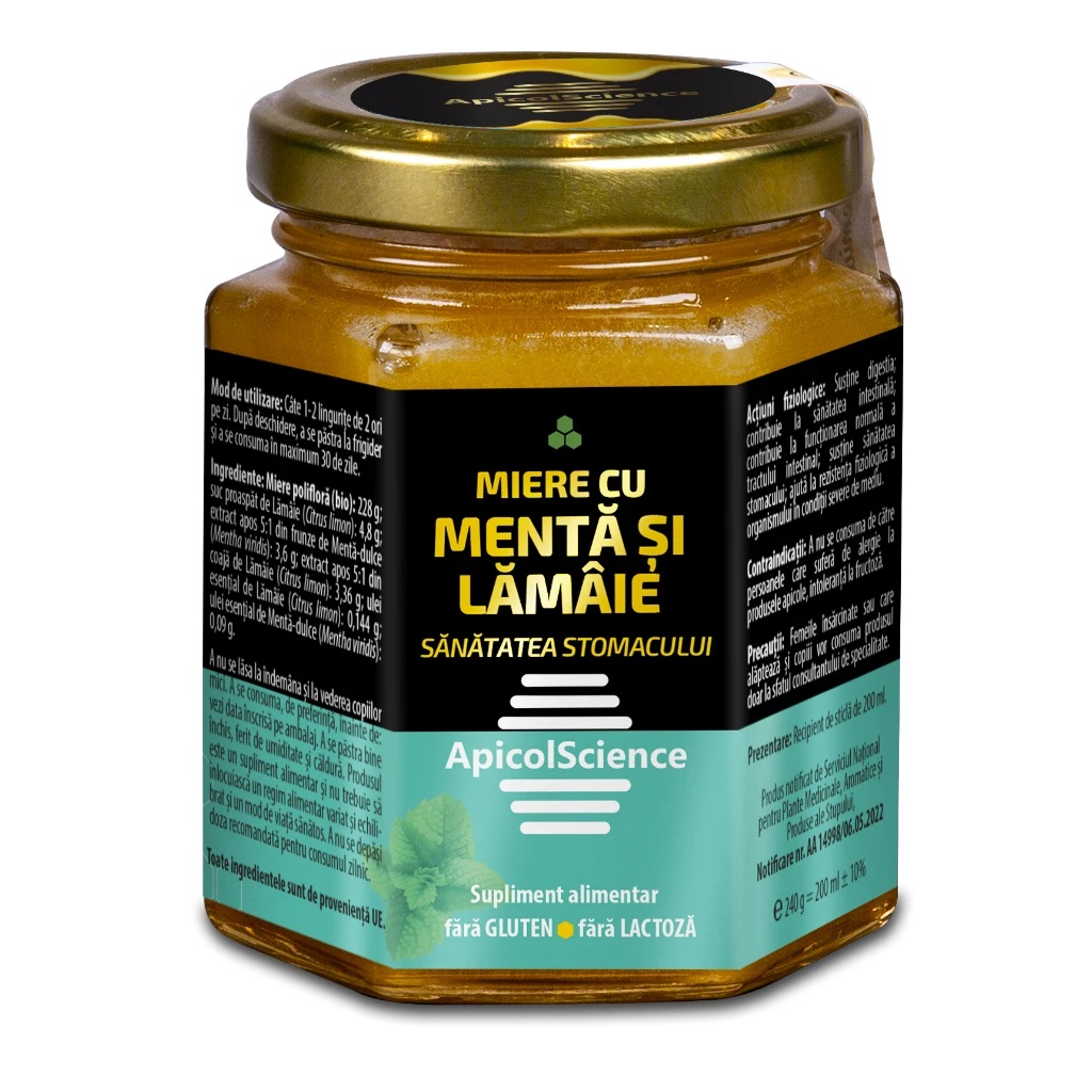 Apicole si Propolis - Miere cu Mentă și Lămâie 200 ml