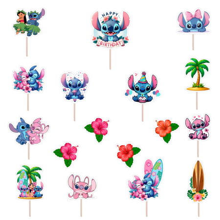 Seturi Figurine - Set figurine tort/brioșe Lilo & Stitch, tematică roz, Bita Decorations, Photo Paper Glossy