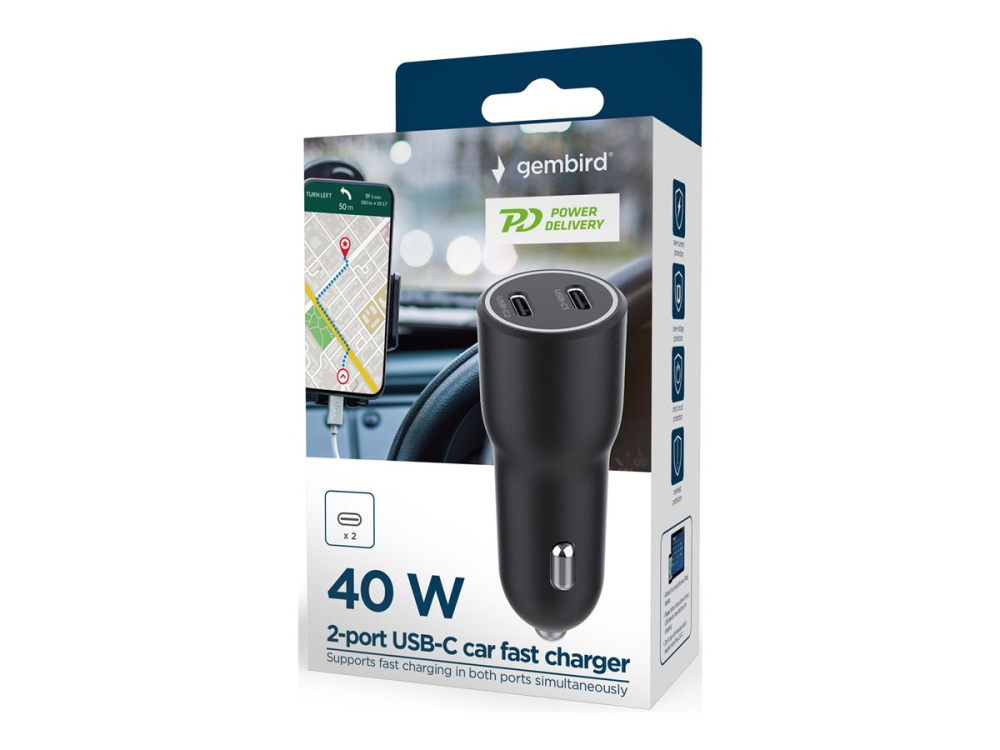 Gembird 2-Port USB Car Charger USB-C 40W Black [3]