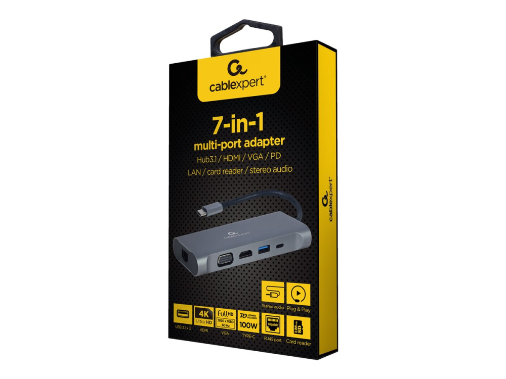 Gembird A-CM-COMBO7-01, Adaptor USB-C 7‑în‑1, HDMI, VGA, PD 100W [1]