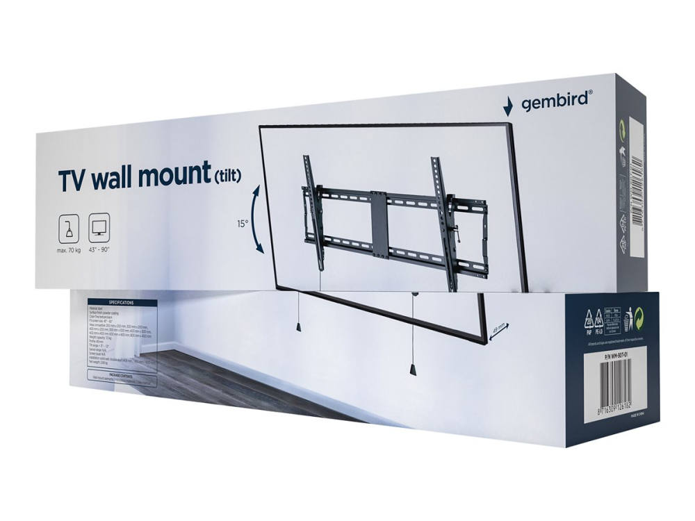 Gembird WM‑90T‑01 – Suport TV perete tilt 43–90", 70 kg [2]