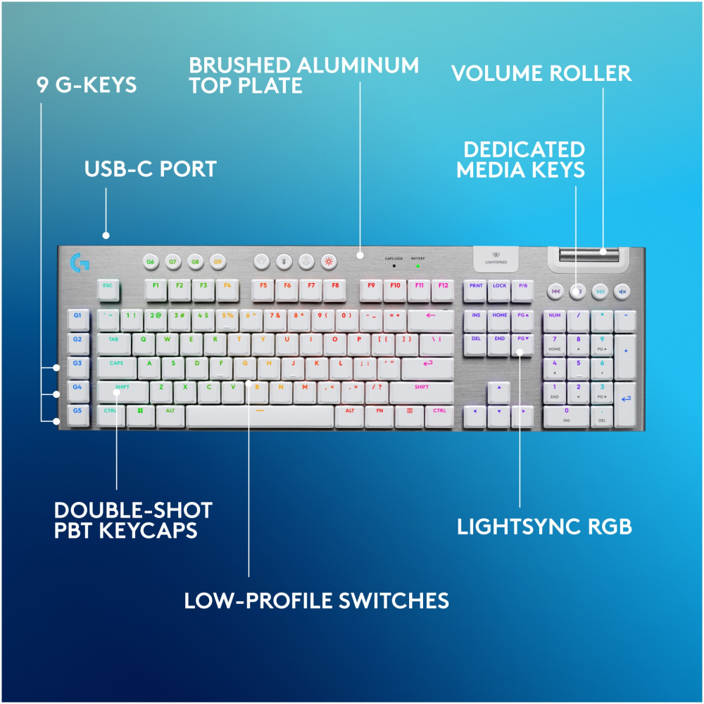 Logitech G915 X LIGHTSPEED White Wireless Gaming Keyboard Front View [5]