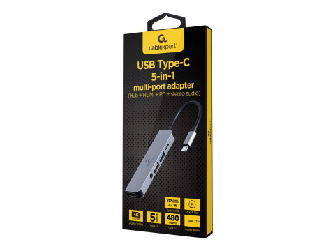 Adaptoare - Gembird A‑CM‑COMBO5‑02 – USB‑C 5‑in‑1, HDMI 4K, PD 87W, USB, Audio