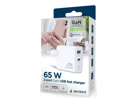 Gembird 65W GaN, Încărcător USB-C PD + USB-A QC, 2 Porturi, LED, White [3]