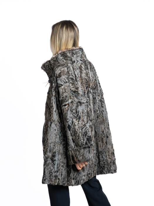 Jachetă astrahan cu detalii de blană de samur - oversized [4]