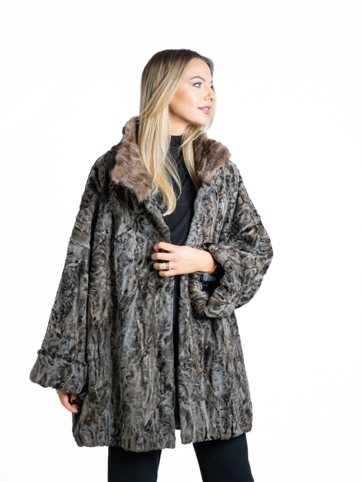 Jachetă astrahan cu detalii de blană de samur - oversized [3]