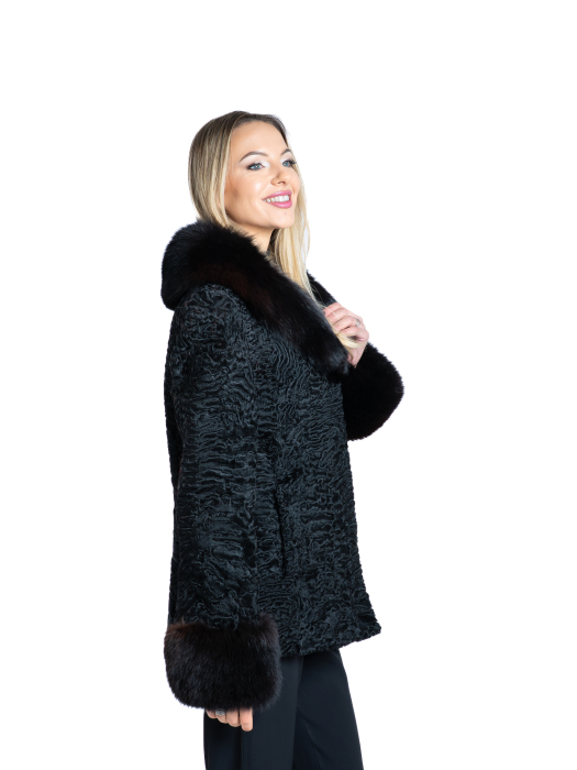 Jachetă astrahan cu detalii de vulpe polară maro închis [2]