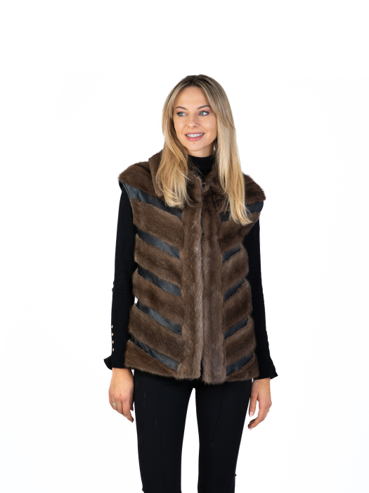 Vestă vizon cu inserții de piele Pastel Brown [1]