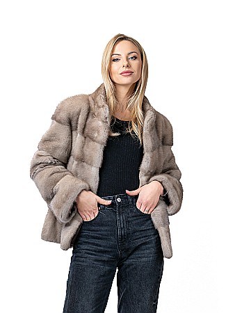 Jachete de vizon PREMIUM - Jachetă vizon Silver Blue guler tunică
