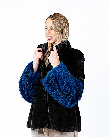 Jachete de vizon PREMIUM - Jachetă vizon Black cu garnitură vulpe argintie Deep Blue