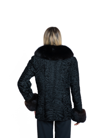 Jachetă astrahan cu detalii de vulpe polară maro închis [2]
