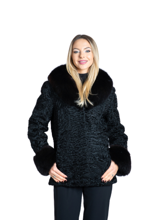 Shearling - Jachetă astrahan cu detalii de vulpe polară maro închis