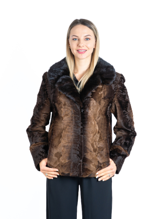Shearling - Jachetă astrahan cu guler de vizon Brown
