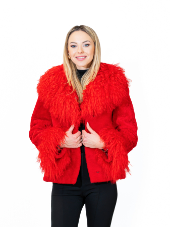 Shearling - Jachetă mouton cu guler de mongoleză roșie