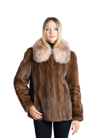 Haine de nurcă - Jachetă nurcă Chestnut cu guler vulpe crystal