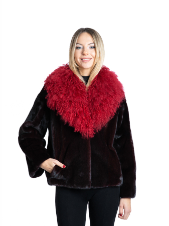 Jachete de vizon - Jachetă vizon cu mongolină Burgundy