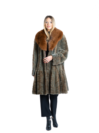 Jachete de vizon - Palton vizon velur Forest Dusk cu guler de vulpe roșcată