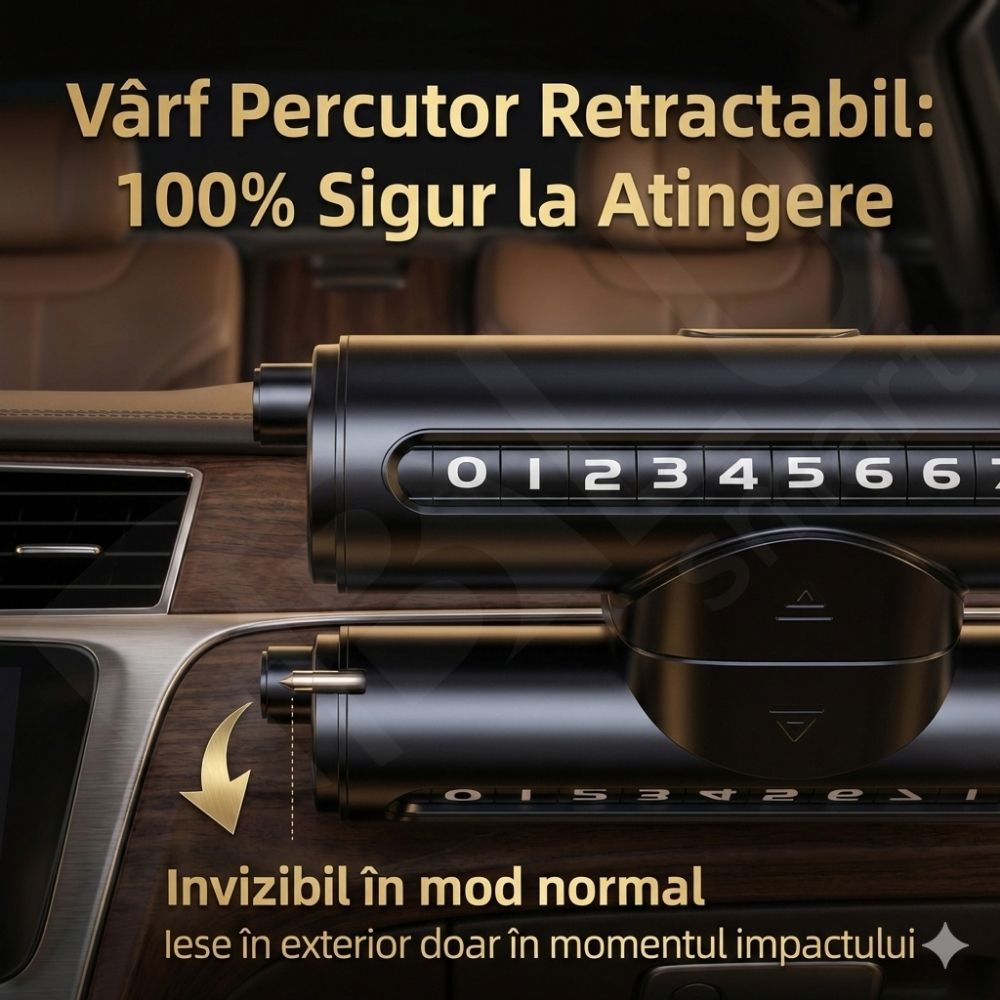 Suport Număr Telefon Auto iBLU smart™ 3-în-1 cu Cifre Rotative (Rulou), Privacy Mode, Ciocan Urgență Tungsten cu Arc (Spargere geam lateral fără efort), Cutter Centură, Include Geam Testare, Aluminiu, Rezistent la temperaturi înalte, Negru