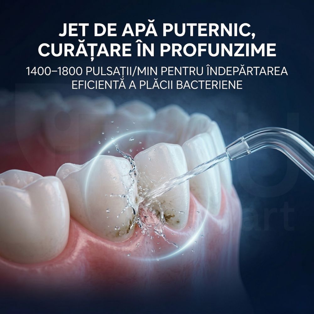 Jet de apă puternic al irigatorului iBLU smart, cu 1400-1800 pulsații pe minut pentru eliminarea plăcii bacteriene