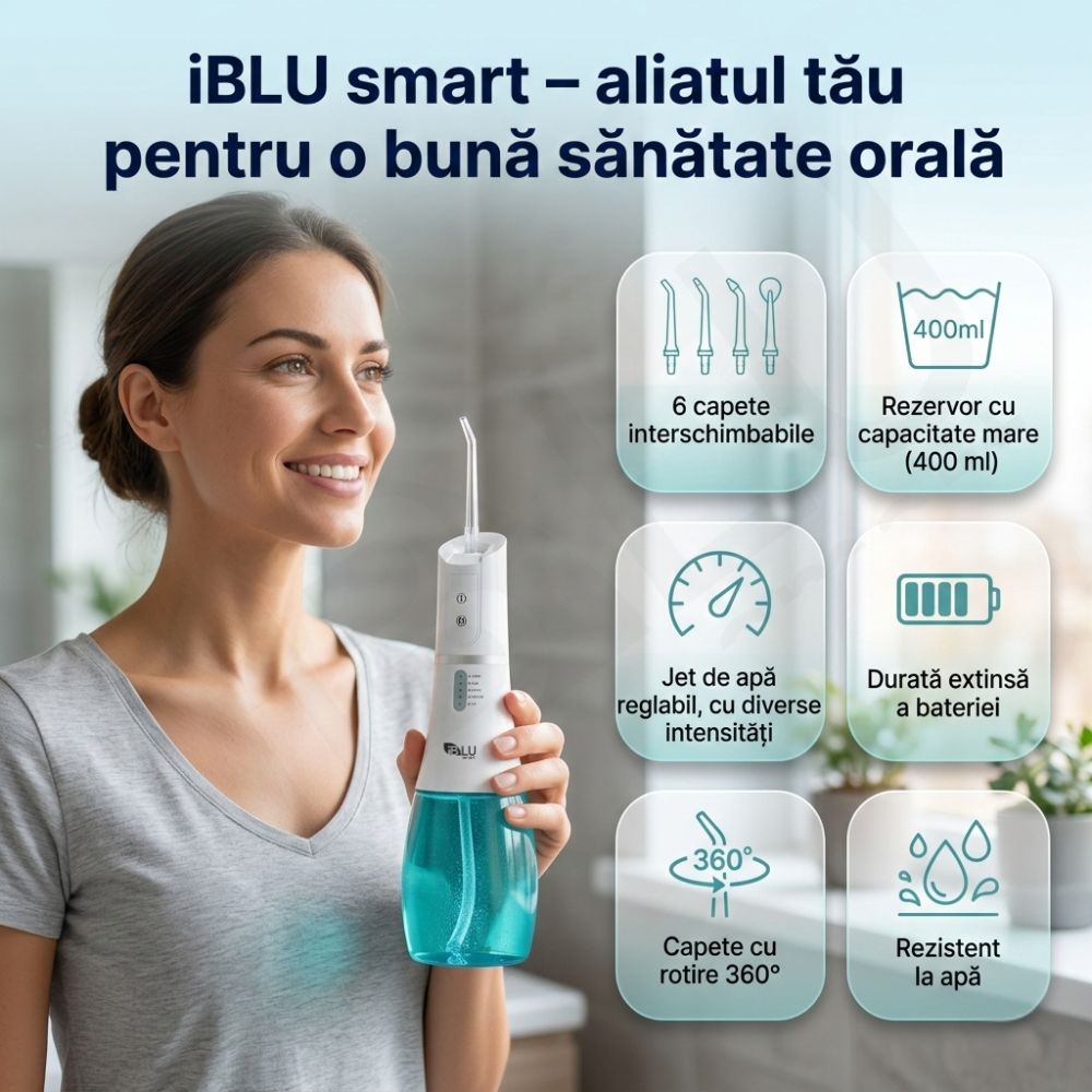Irigator Oral Profesional pentru Duș bucal iBLU smart, Portabil, 1400-1800 Pulsatii/min, 6 Capete cu Rotație 360, 5 Programe de Lucru, Rezervor cu Gravity Ball Complet Detașabil 400 ml, IPX7 Waterproof, Timer 2min, Încărcare USB-C, Baterie 1100 mAh, Alb