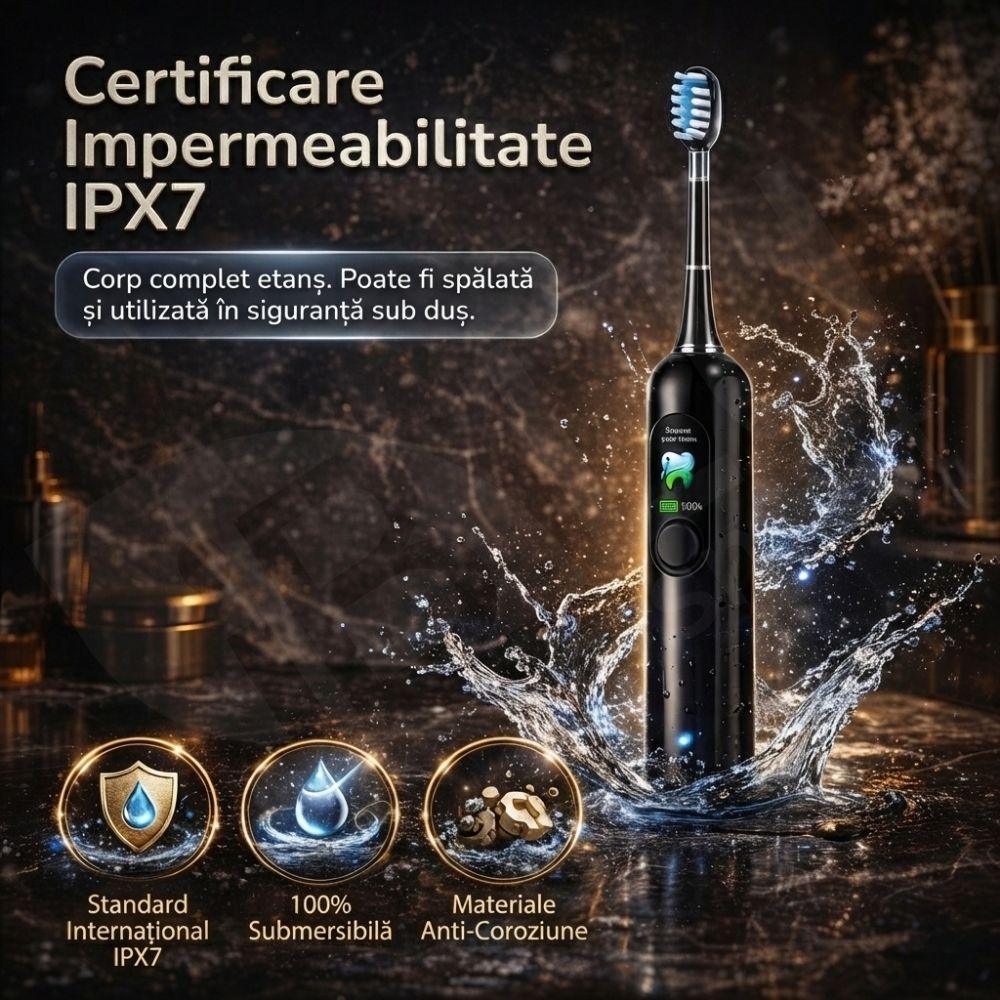 Periuță de Dinți Electrică Sonică iBLU smart™ PRO, Display Digital LCD, Tehnologie Hibridă (Vibrații + Oscilații Ample 60°), Motor Maglev 38.400 VPM, Capăt Anti-Șoc, Baterie 1200mAh (35 Zile), Încărcare USB-C, Pachet cu 6 Rezerve și Toc Transport, Negru