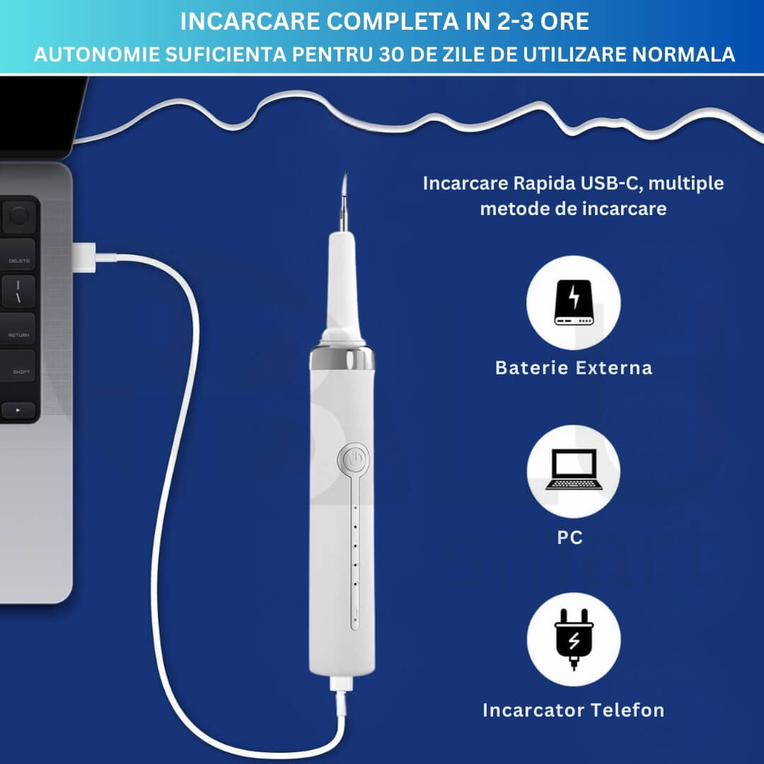 Aparat pentru Eliminare Tartru iBLU smart, Detartraj Ultrasonic, Eliminare Placa Bacteriana, 5 Moduri pentru Curatarea Dintilor, 3 Capete Curatare si Oglinda Dentara Incluse, Lumina LED Puternica, Portabil si Reincarcabil, Rezistent la Apa, Alb