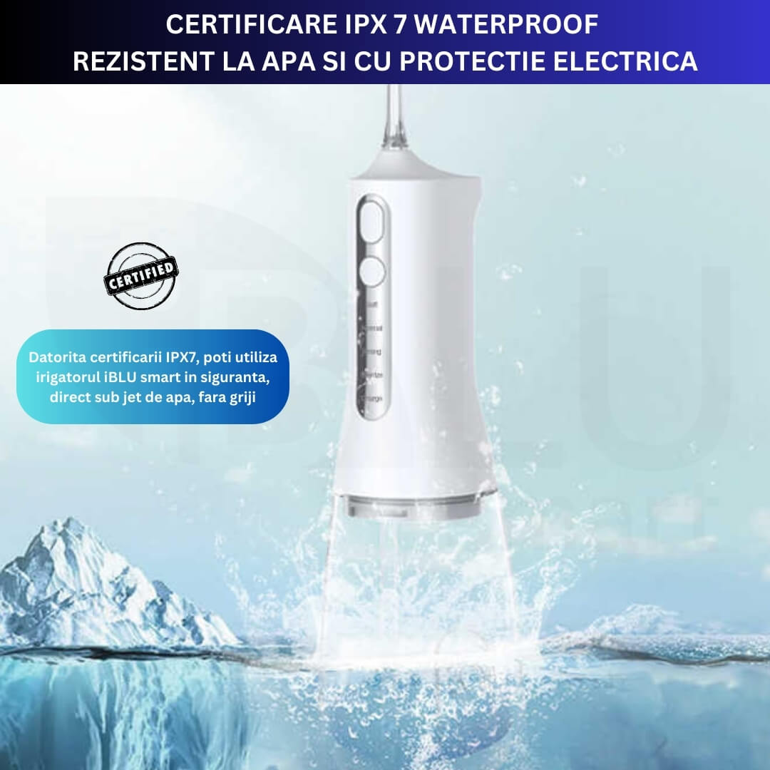 Irigator Oral Profesional cu Sterilizare UV pentru Dus bucal iBLU smart, Portabil, 1400-1800 Pulsatii/min, 4 Capete cu Rotatie 360, 4 Programe de Lucru, Rezervor Complet Detasabil 300ml, IPX7 Waterproof, Baterie 1500 mAh, USB-C, Alb Clasic