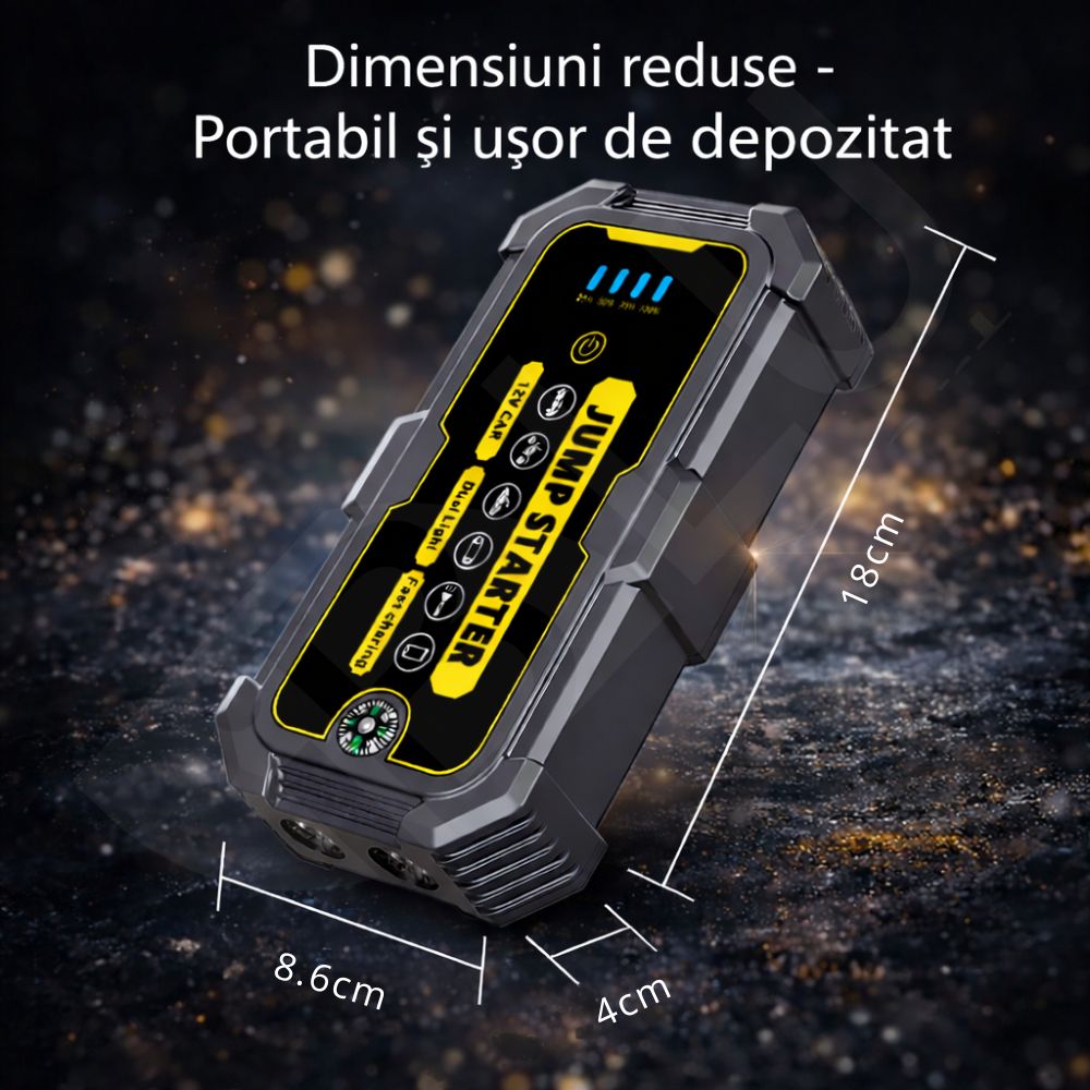 Starter Auto Portabil iBLU smart™, Starter Baterie Auto 500A-1000A, Baterie 6000mAh/22200 mWh, Funcție Power Bank, Lanternă LED 4 Moduri, Busolă, Pentru Motoare 12V, Benzină 6.0L/Diesel 3.0L, Protecție Anti-Scântei, USB-C, Gri/Galben