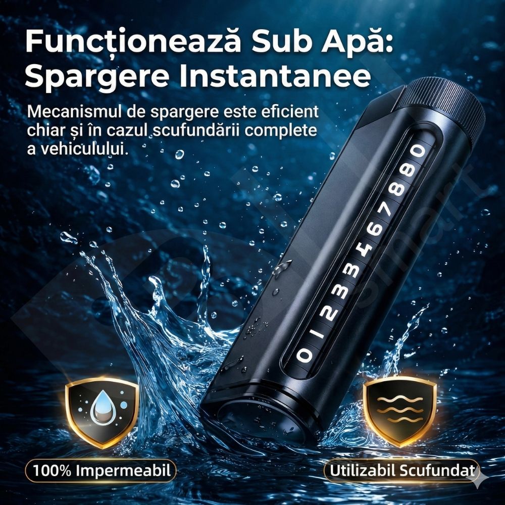 Suport Număr Telefon Auto iBLU smart™ 3-în-1 cu Cifre Rotative (Rulou), Privacy Mode, Ciocan Urgență Tungsten cu Arc (Spargere geam lateral fără efort), Cutter Centură, Include Geam Testare, Aluminiu, Rezistent la temperaturi înalte, Negru